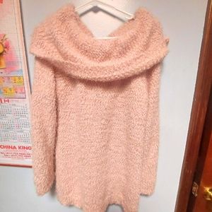 Fluffy Pink Loose Turtleneck Sweater